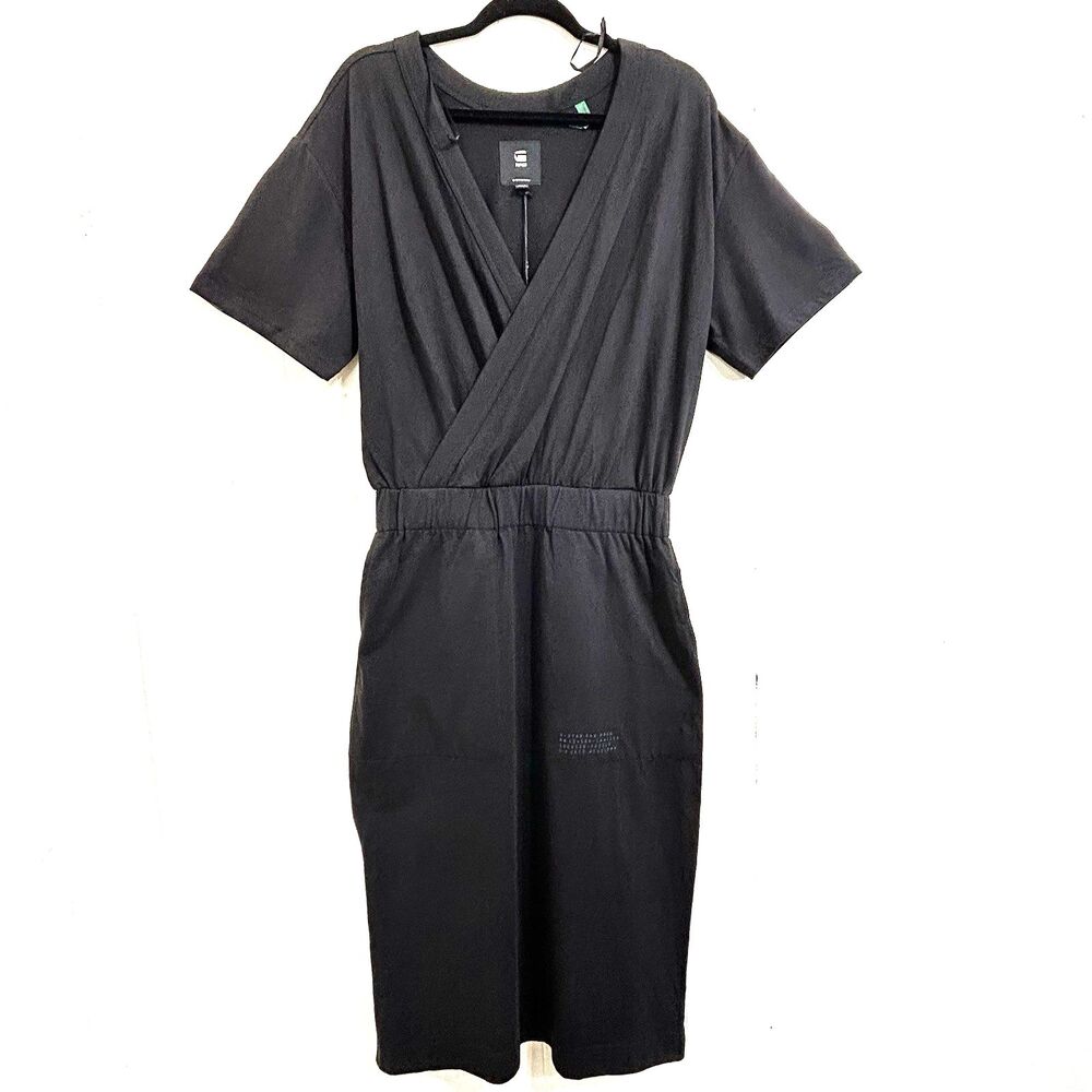 G-Star RAW Bohdana Dress Size S Tall Black V-Neck One Side Slit Pocket NEW